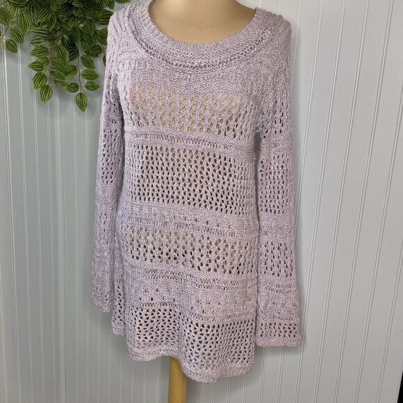 BCBG MaxAzria Sz XL Sweater Dress Crochet Knit Long Sleeve Boho Lavender Lilac - Picture 5 of 13